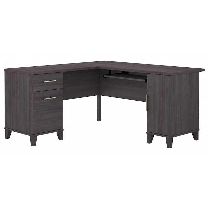 60W L-Shaped Corner Desk with Storage Cabinet, File Drawer & Keyboard Tray, Transitional Home Office Desk