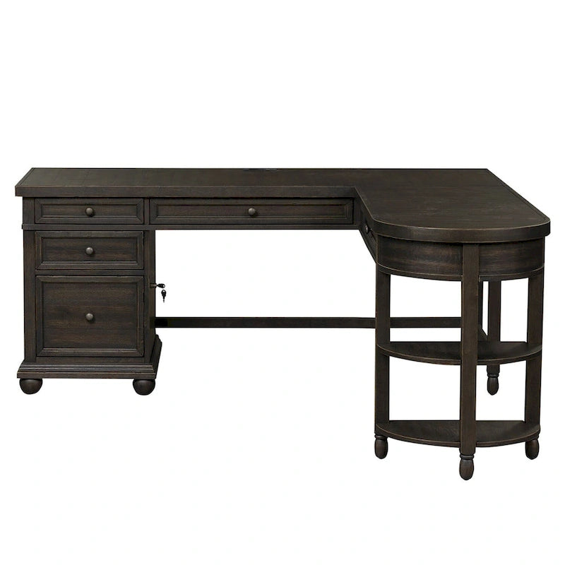 Solid Wood L-Shaped Desk with Built-in Charging Station, 5 Drawers & File Cabinet, 70" x 24" Workstation
