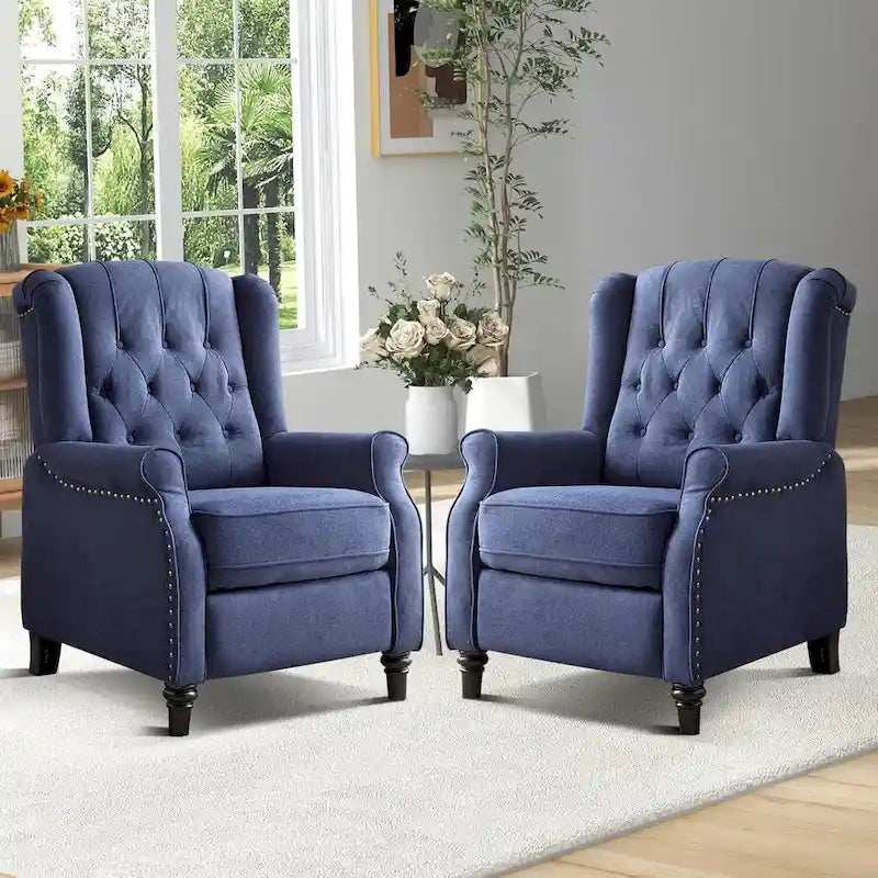 Fabric Push-Back Recliner Armchair with High-Density Foam & Hardwood Frame, Beige/Blue, Minimal Assembly