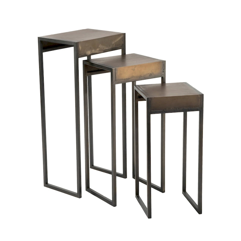 Set of 3 Nesting Side Tables, Burnished Gold & Black Metal, Aged Finish, Semi-Waterfall Arrangement