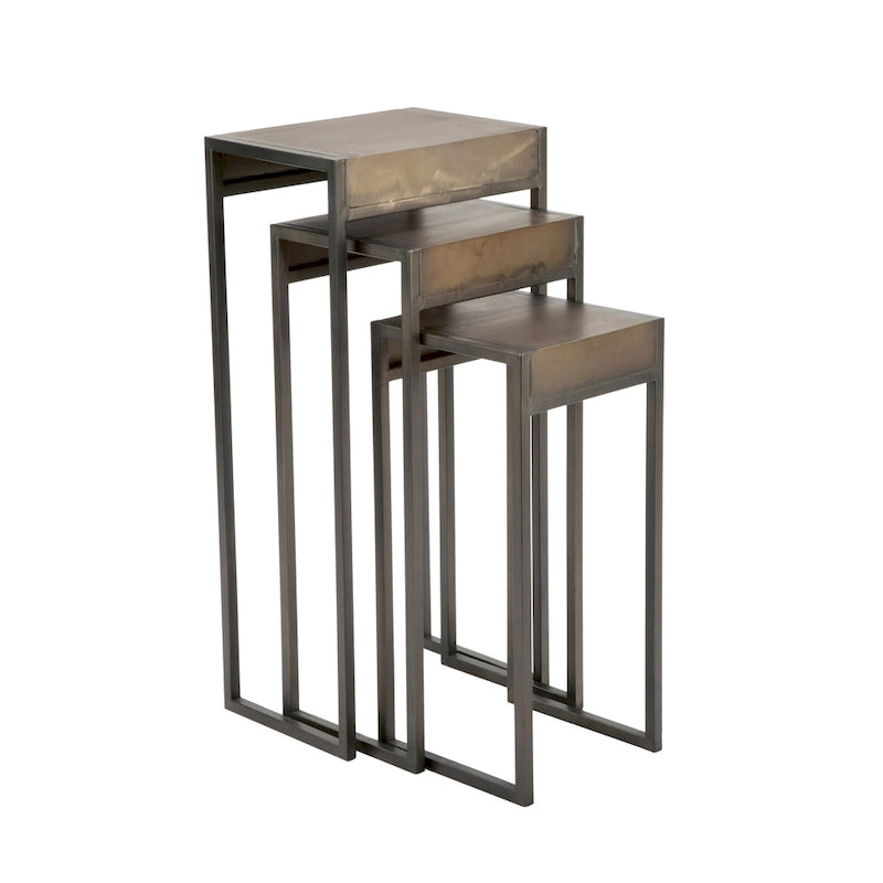 Set of 3 Nesting Side Tables, Burnished Gold & Black Metal, Aged Finish, Semi-Waterfall Arrangement