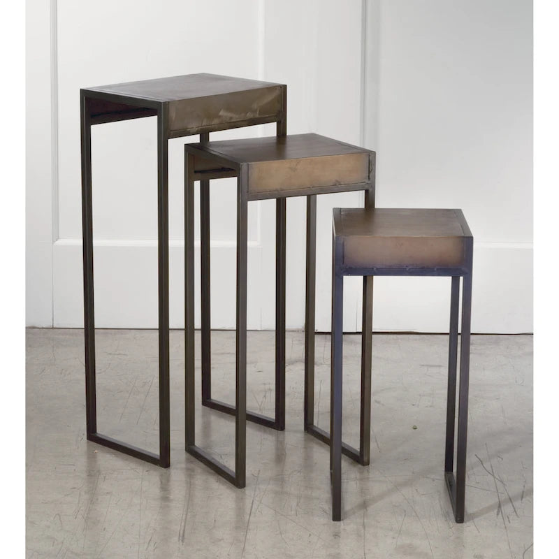 Set of 3 Nesting Side Tables, Burnished Gold & Black Metal, Aged Finish, Semi-Waterfall Arrangement