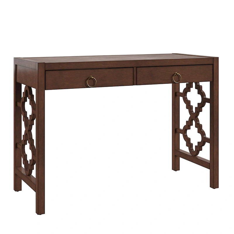 44" Quatrefoil Design Writing Desk with 2 Drawers & Brass Pulls, Poplar Wood & MDF