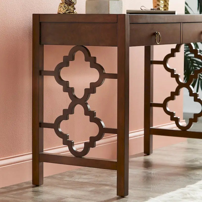44" Quatrefoil Design Writing Desk with 2 Drawers & Brass Pulls, Poplar Wood & MDF