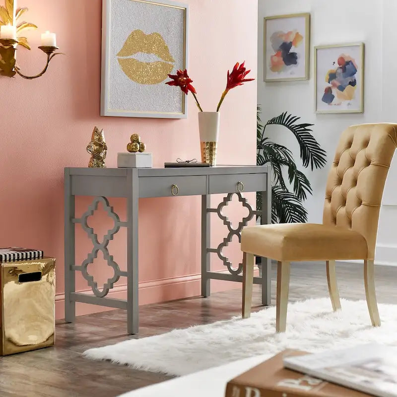 44" Quatrefoil Design Writing Desk with 2 Drawers & Brass Pulls, Poplar Wood & MDF