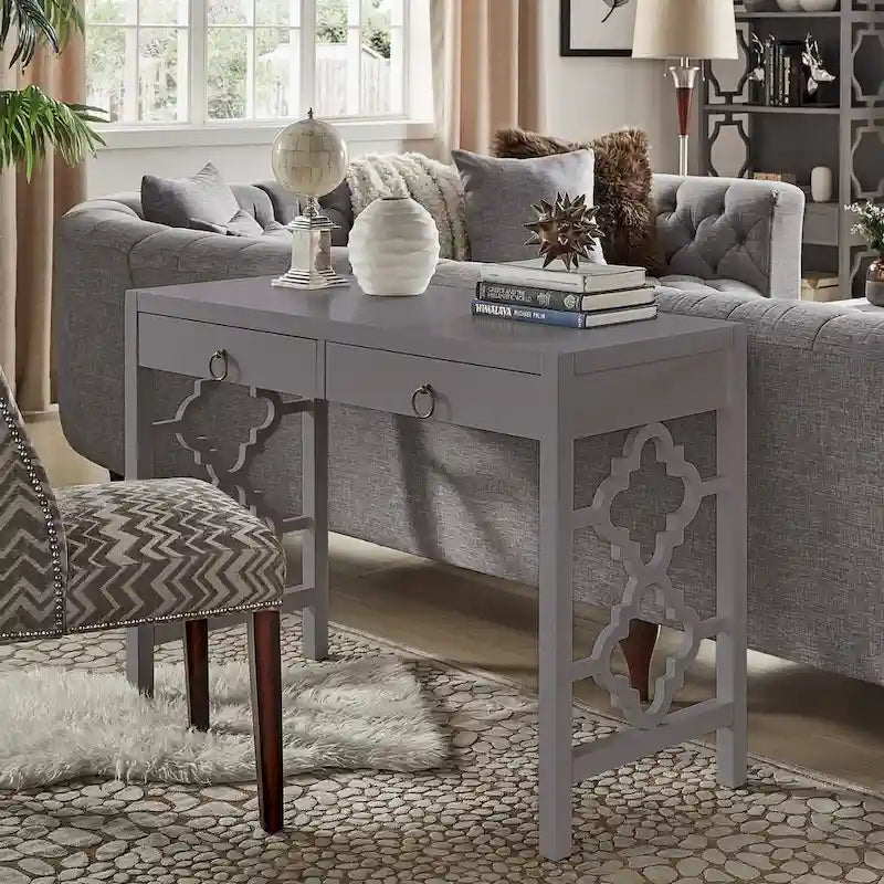 44" Quatrefoil Design Writing Desk with 2 Drawers & Brass Pulls, Poplar Wood & MDF