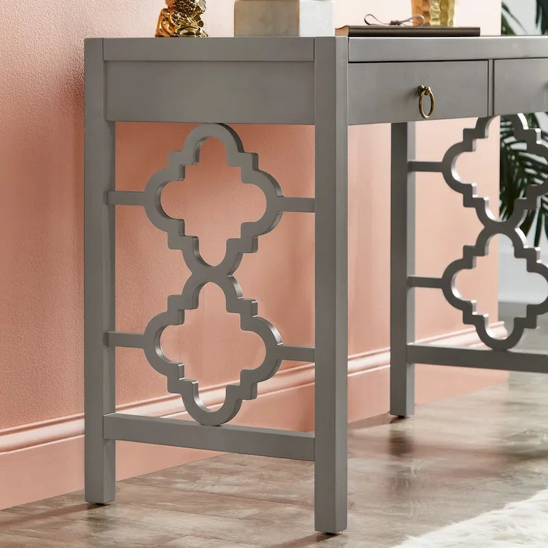 44" Quatrefoil Design Writing Desk with 2 Drawers & Brass Pulls, Poplar Wood & MDF