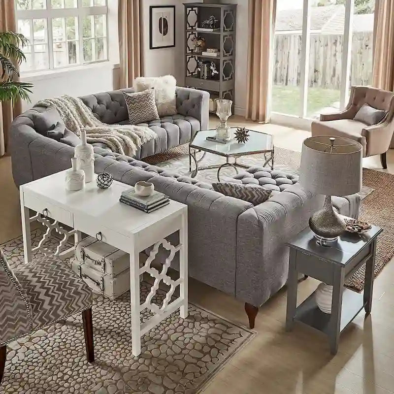 44" Quatrefoil Design Writing Desk with 2 Drawers & Brass Pulls, Poplar Wood & MDF