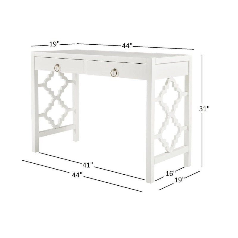 44" Quatrefoil Design Writing Desk with 2 Drawers & Brass Pulls, Poplar Wood & MDF