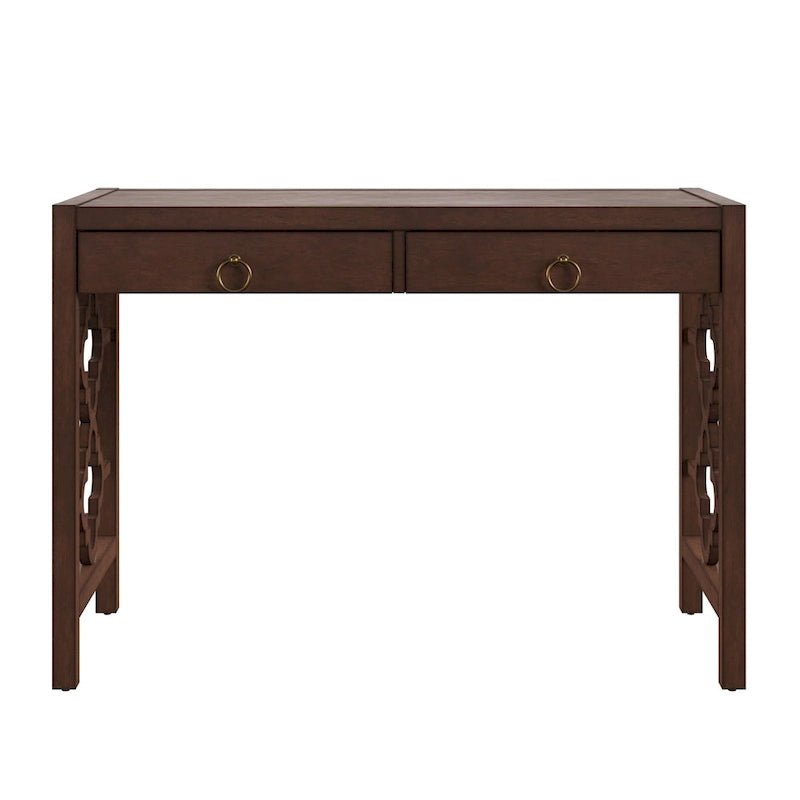 44" Quatrefoil Design Writing Desk with 2 Drawers & Brass Pulls, Poplar Wood & MDF