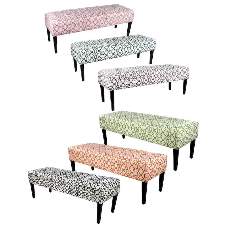 This beautifully designed bench features upholstered seating in a geometric pattern fabric, adding a stylish and trendy touch to any room.