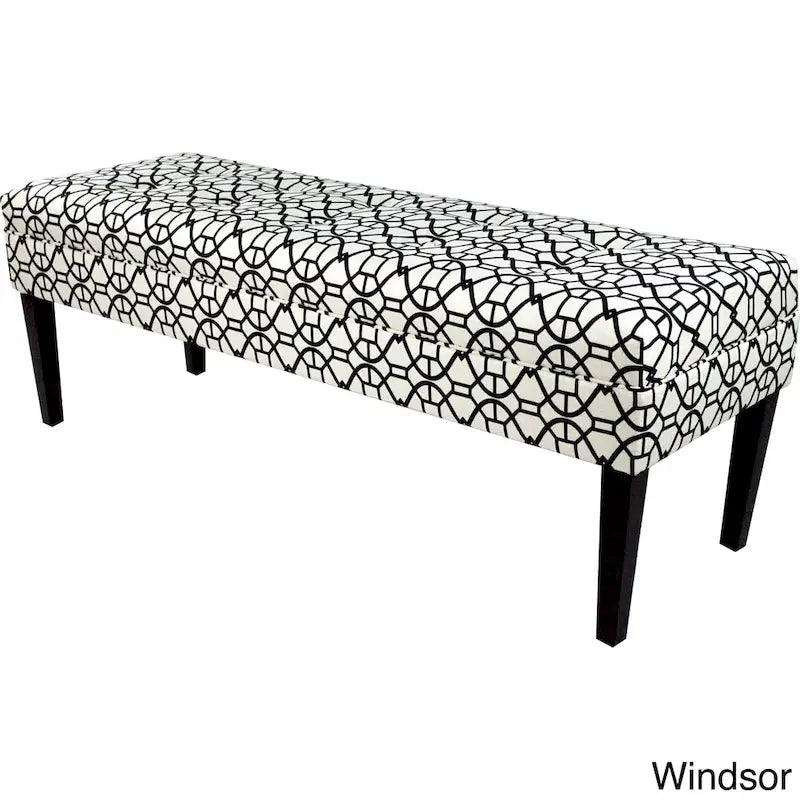 This beautifully designed bench features upholstered seating in a geometric pattern fabric, adding a stylish and trendy touch to any room.