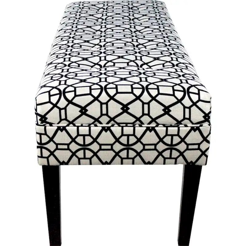 This beautifully designed bench features upholstered seating in a geometric pattern fabric, adding a stylish and trendy touch to any room.