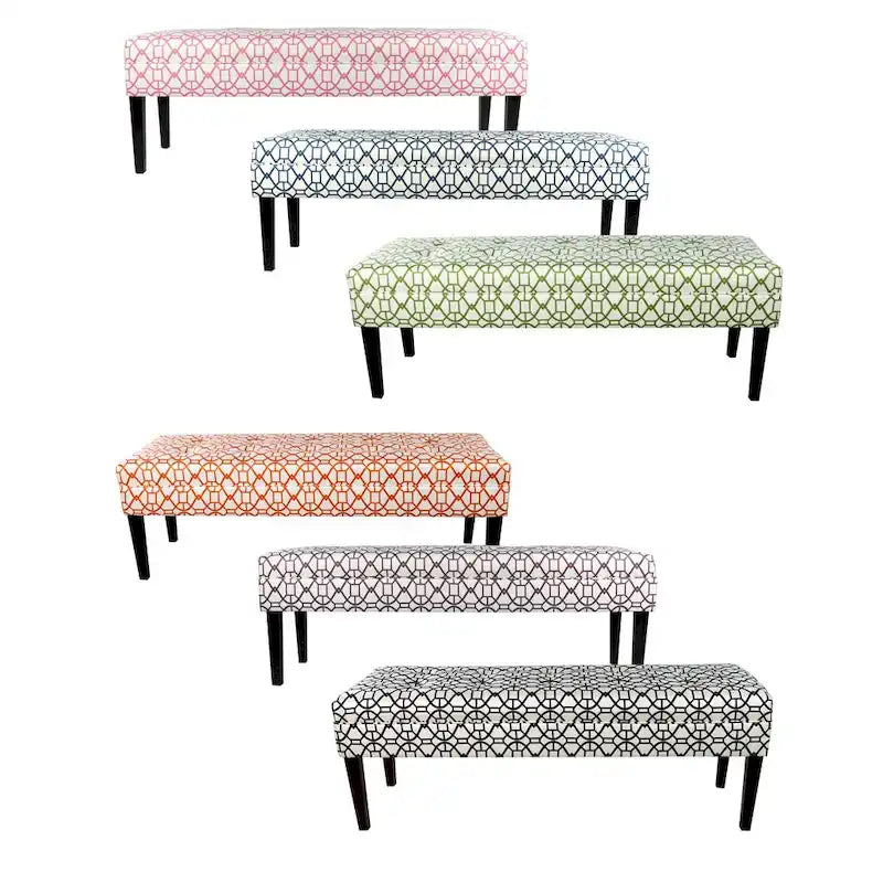 This beautifully designed bench features upholstered seating in a geometric pattern fabric, adding a stylish and trendy touch to any room.