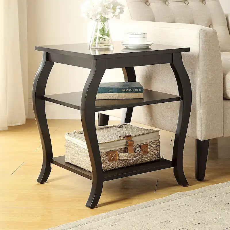 Modern Teal End Table with 2 Open Shelves, Solid Wood & MDF Construction, Tapered Legs