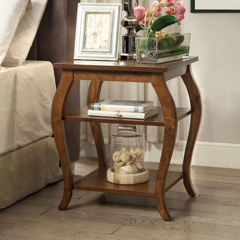 Modern Teal End Table with 2 Open Shelves, Solid Wood & MDF Construction, Tapered Legs