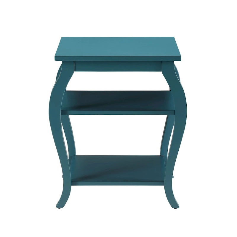 Modern Teal End Table with 2 Open Shelves, Solid Wood & MDF Construction, Tapered Legs
