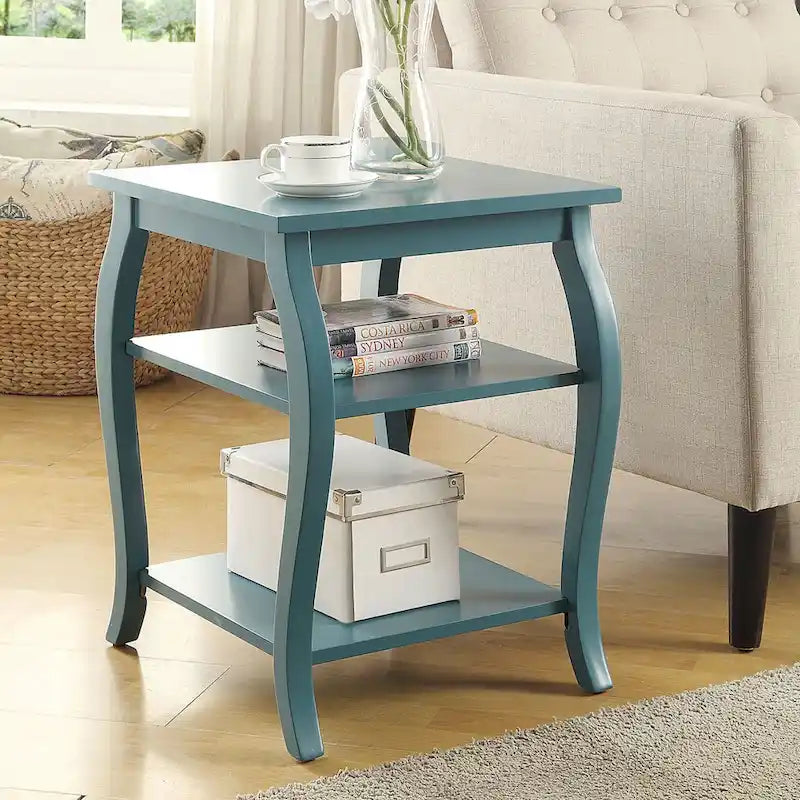 Modern Teal End Table with 2 Open Shelves, Solid Wood & MDF Construction, Tapered Legs