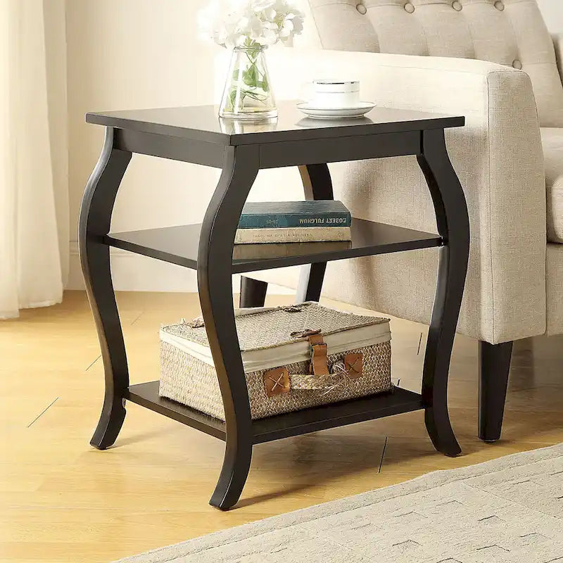Modern Teal End Table with 2 Open Shelves, Solid Wood & MDF Construction, Tapered Legs