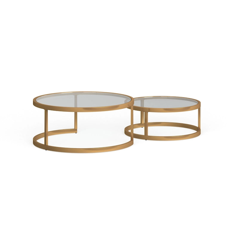 Space-Saving Nesting Coffee Table Set of 2, Gold Metal Frame & Round Glass Tops, 28" & 35.5" Diameter