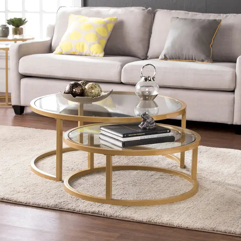Space-Saving Nesting Coffee Table Set of 2, Gold Metal Frame & Round Glass Tops, 28" & 35.5" Diameter