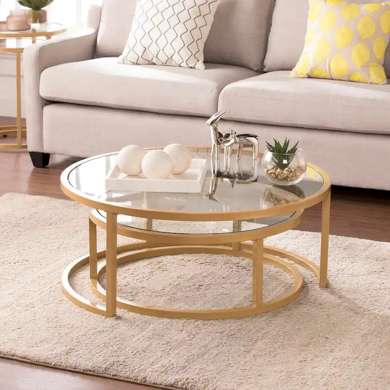Space-Saving Nesting Coffee Table Set of 2, Gold Metal Frame & Round Glass Tops, 28" & 35.5" Diameter
