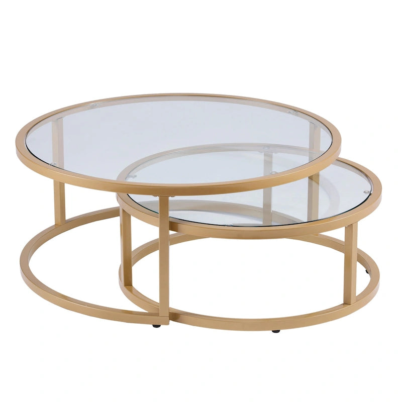 Space-Saving Nesting Coffee Table Set of 2, Gold Metal Frame & Round Glass Tops, 28" & 35.5" Diameter