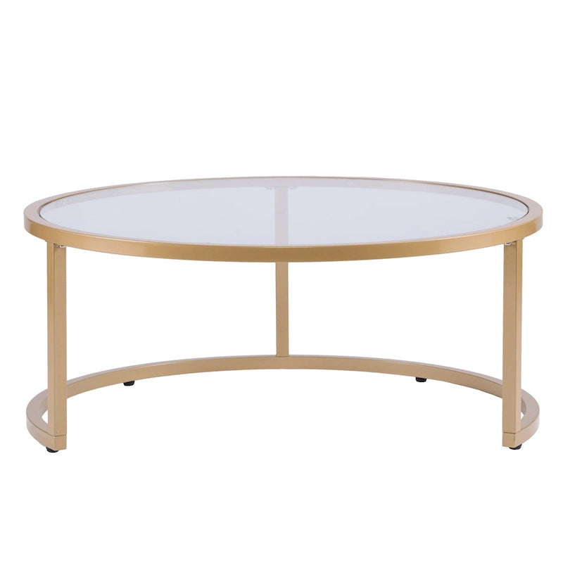 Space-Saving Nesting Coffee Table Set of 2, Gold Metal Frame & Round Glass Tops, 28" & 35.5" Diameter