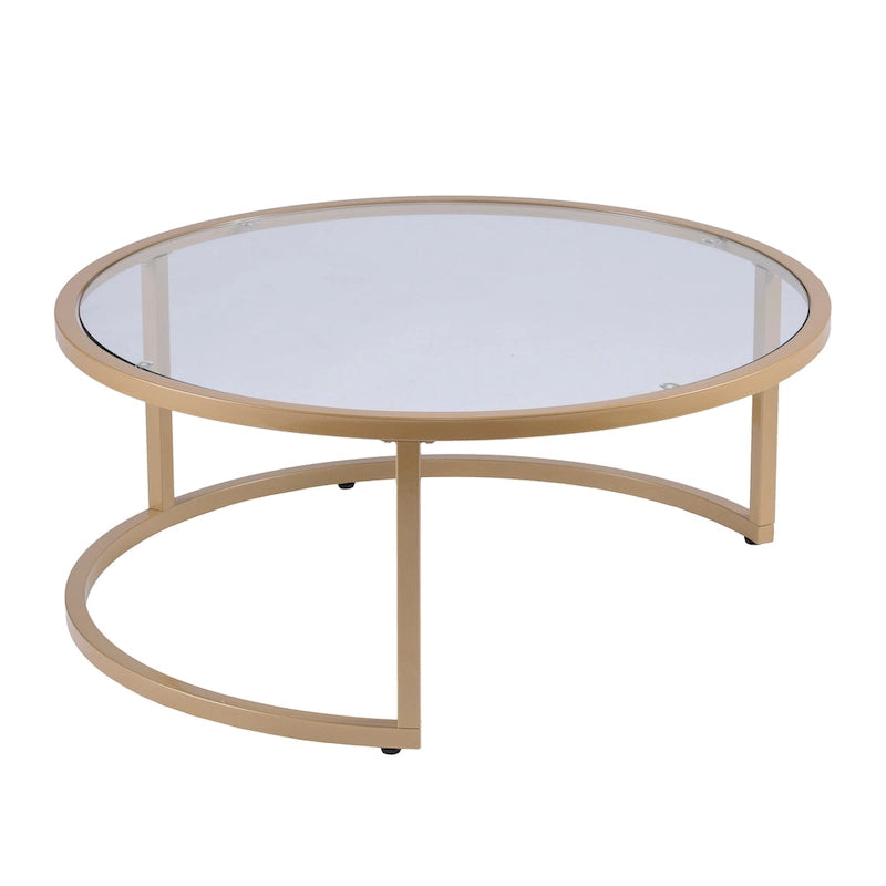 Space-Saving Nesting Coffee Table Set of 2, Gold Metal Frame & Round Glass Tops, 28" & 35.5" Diameter