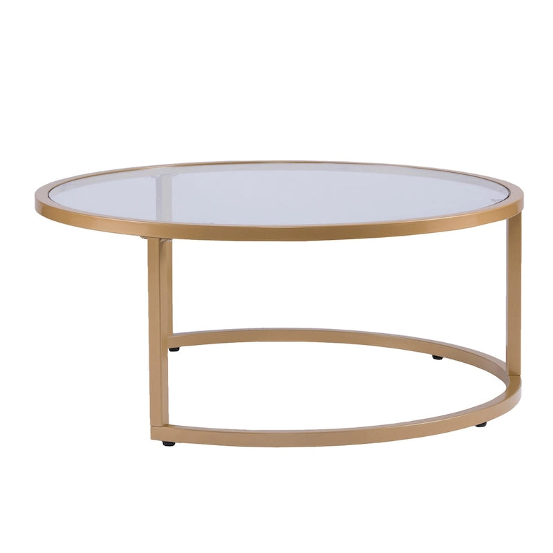 Space-Saving Nesting Coffee Table Set of 2, Gold Metal Frame & Round Glass Tops, 28" & 35.5" Diameter