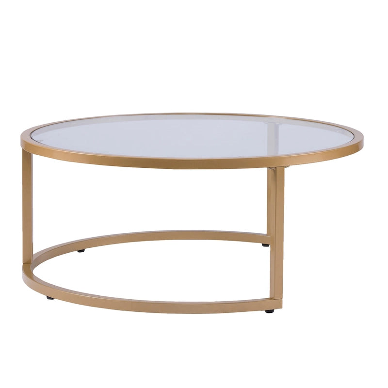 Space-Saving Nesting Coffee Table Set of 2, Gold Metal Frame & Round Glass Tops, 28" & 35.5" Diameter