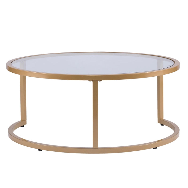 Space-Saving Nesting Coffee Table Set of 2, Gold Metal Frame & Round Glass Tops, 28" & 35.5" Diameter