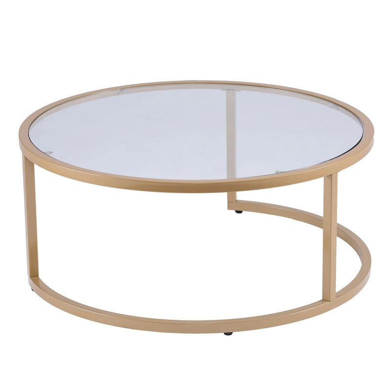 Space-Saving Nesting Coffee Table Set of 2, Gold Metal Frame & Round Glass Tops, 28" & 35.5" Diameter