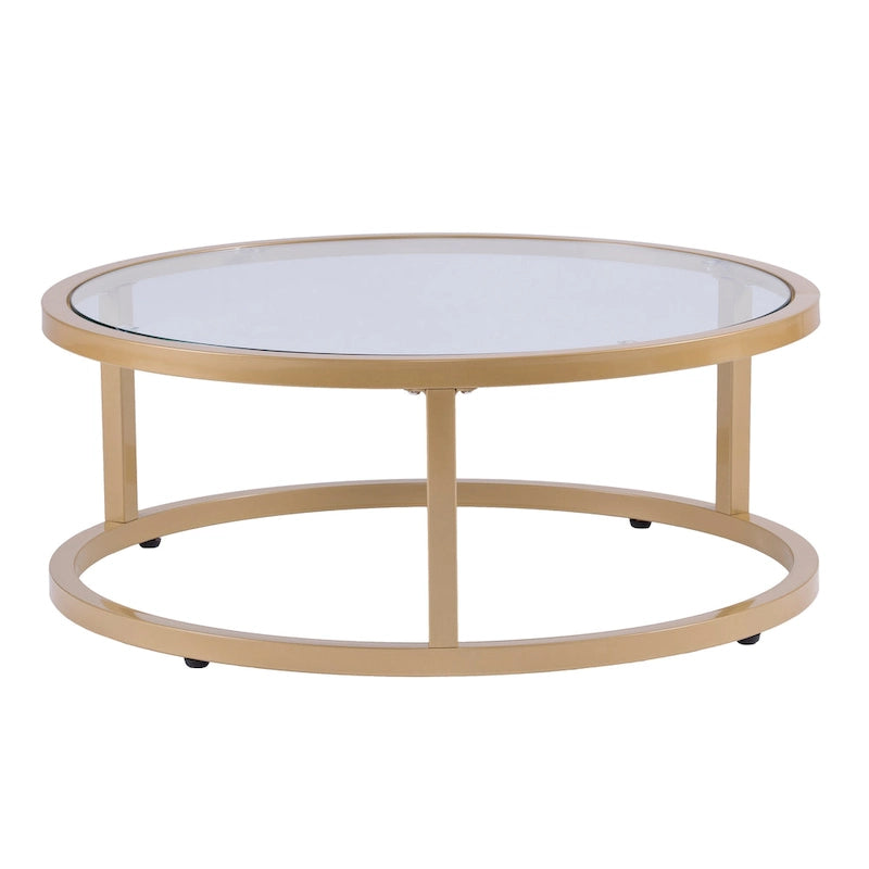 Space-Saving Nesting Coffee Table Set of 2, Gold Metal Frame & Round Glass Tops, 28" & 35.5" Diameter