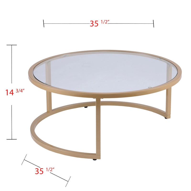Space-Saving Nesting Coffee Table Set of 2, Gold Metal Frame & Round Glass Tops, 28" & 35.5" Diameter