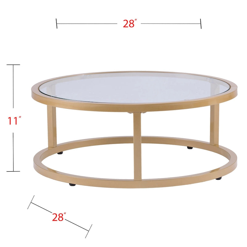 Space-Saving Nesting Coffee Table Set of 2, Gold Metal Frame & Round Glass Tops, 28" & 35.5" Diameter