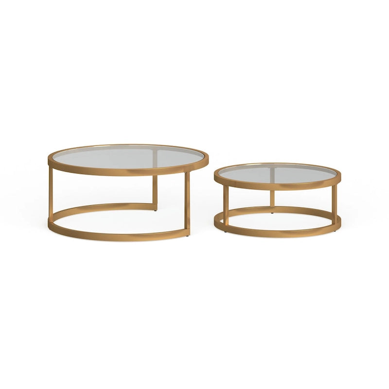 Space-Saving Nesting Coffee Table Set of 2, Gold Metal Frame & Round Glass Tops, 28" & 35.5" Diameter