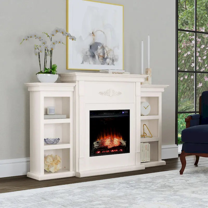 SEI Furniture Electric Fireplace 70-inch Mantel with Bookcase Storage, Ivory