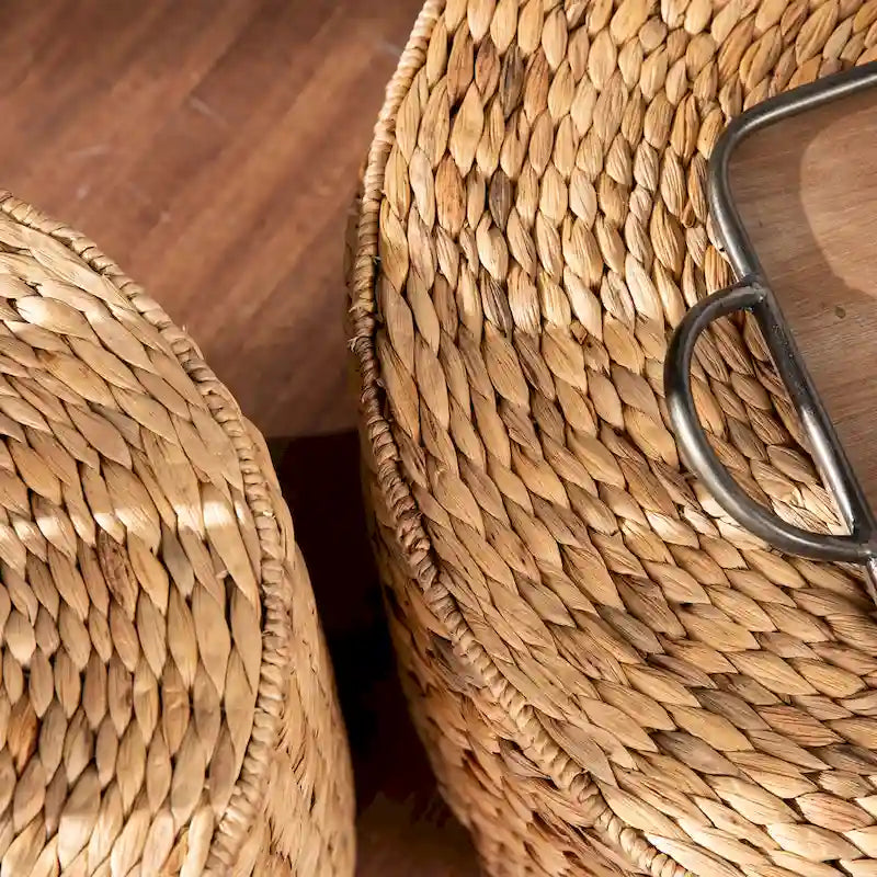 Set of 2 Woven Water Hyacinth Storage Tables with Removable Lids, Coastal Style, 23.75" & 15.75"