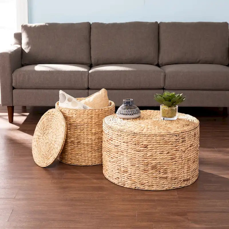 Set of 2 Woven Water Hyacinth Storage Tables with Removable Lids, Coastal Style, 23.75" & 15.75"