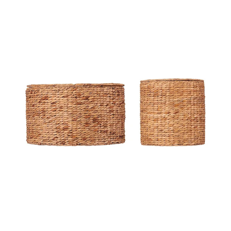 Set of 2 Woven Water Hyacinth Storage Tables with Removable Lids, Coastal Style, 23.75" & 15.75"