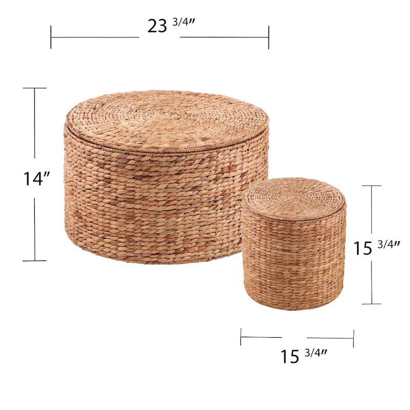 Set of 2 Woven Water Hyacinth Storage Tables with Removable Lids, Coastal Style, 23.75" & 15.75"
