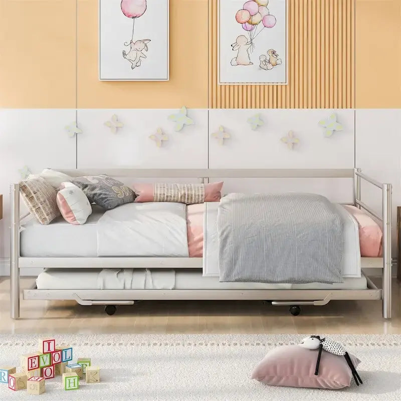 Double-size metal sofa bed with adjustable pull-out bed and pop-up trundle bed.