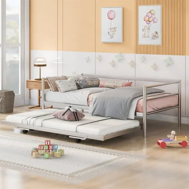 Double-size metal sofa bed with adjustable pull-out bed and pop-up trundle bed.