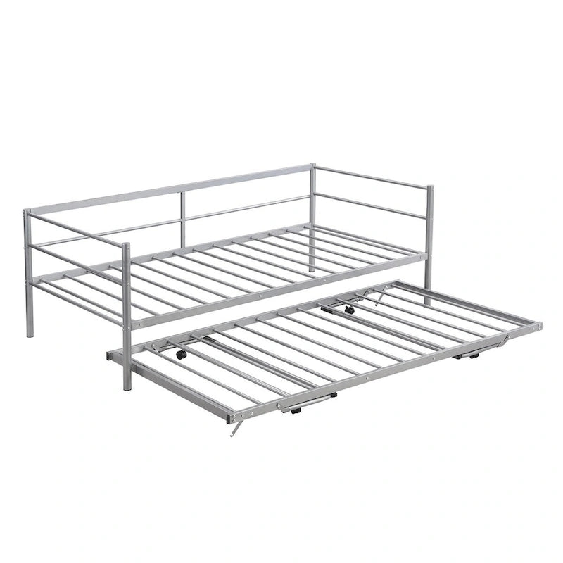 Double-size metal sofa bed with adjustable pull-out bed and pop-up trundle bed.