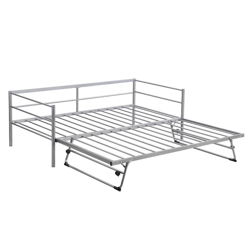 Double-size metal sofa bed with adjustable pull-out bed and pop-up trundle bed.