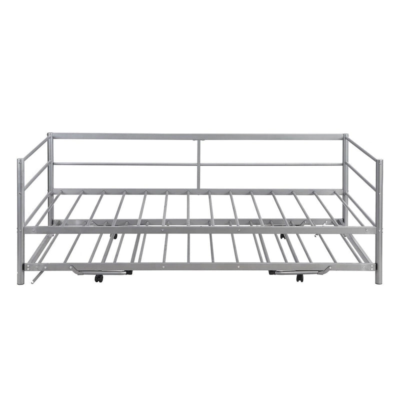 Double-size metal sofa bed with adjustable pull-out bed and pop-up trundle bed.