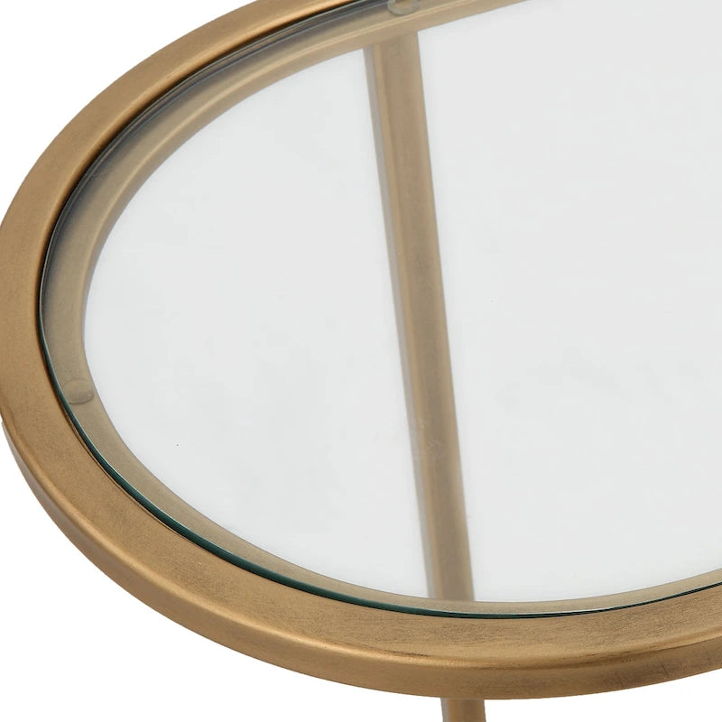 Oval nesting coffee table set with antique brushed bronze iron frame and tempered glass tabletop.