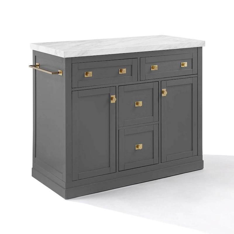 Kitchen Island with White Faux Marble Top, 2 Cabinets & 4 Drawers, Brushed Gold Hardware, 100 lbs Capacity