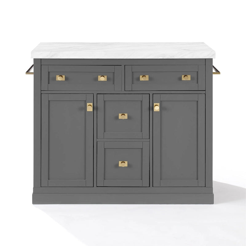 Kitchen Island with White Faux Marble Top, 2 Cabinets & 4 Drawers, Brushed Gold Hardware, 100 lbs Capacity